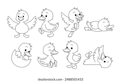 Set of duck doodle collection, duck outline coloring page or book animals for kindergarten, Vector line art set of animals wildlife, Hand drawn, Minimal duck line art doodle in different pose.