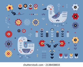 Set of Duck and Floral Ornament Scandinavian Folk Art Design. Colorful Birds and Flowers Vector illustration.