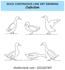 Set of duck line design. Duck decorative elements drawn with one continuous line. Vector illustration of minimalist style on white background.