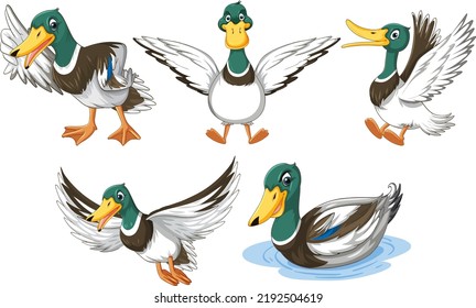 Set of duckling doing different activities illustration