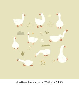 Conjunto con patos, abejas, flores y plantas. Ilustración vectorial con animales y plantas dibujados a mano, lindo conjunto.