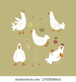 Set with ducks, eggs, flowers and plants. Vector illustration with hand drawn animals and plants, cute set.	
