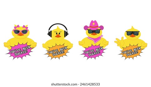 Set of ducks with phrase You've ducked.  Duck that wears cowboy hat and sunglasses. Duck with headphones.