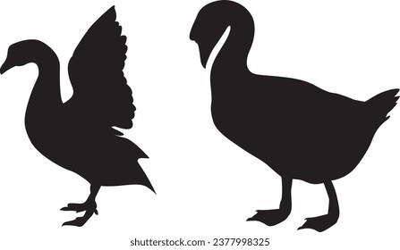 set of ducks silhouettes, Hand drawn animals silhouette illustration