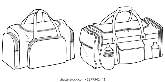 Juego de mochila de dibujo plano de la mochila de la ilustración de la moda de la bolsa Duffel, dibujo del cad de la bolsa de dufas deportivas. vector de esbozo plano de bolso de barril