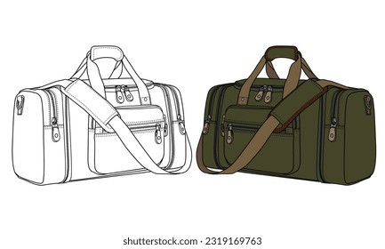 Set of Duffel bag, flat sketch fashion illustration drawing template mock up, Sport duffle bag cad drawing, barrel bag flat sketch vector.