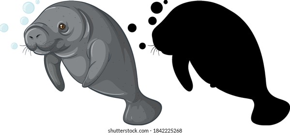 Set of dugong characters and its silhouette on white background illustration svg