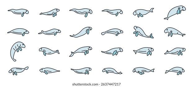 Set of dugong icons showing different swimming and floating positions, ideal for marine life projects