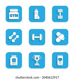 Setzen Sie Dumbell, Award-Cup, Mobile mit Herzfrequenz, Sport Ernährung und Symbol. Vektorgrafik