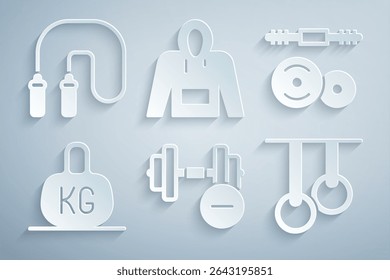 Definir Dumbbell, Barbell, Peso, Anéis de ginástica, Hoodie e Ícone de corda de salto. Vetor