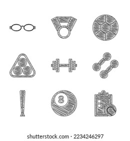 Set Dumbbell, Billiard pool snooker ball, Checklist clipboard and tenis, Bate de béisbol, pelotas en triángulo de rack, Fútbol y Glasses para el icono de natación. Vector