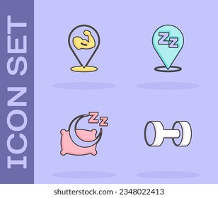 Ponga Dumbbell, músculo de la culturista, Tiempo de dormir e icono de Sleepy. Vector