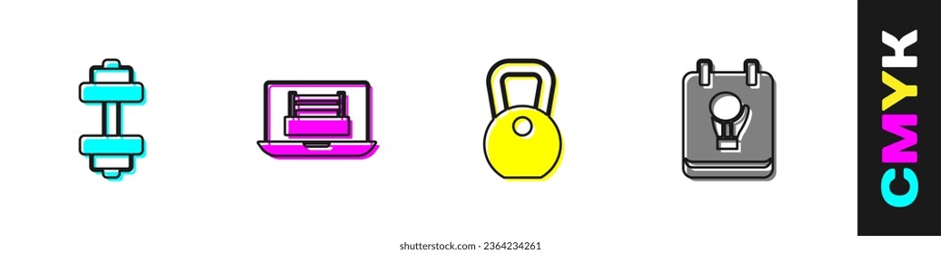 Set Dumbbell, Boxing ring, Weight and glove icon. Vector