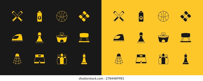 Set Dumbbell, Boxing short, Stadium, Bowling pin, Chess, Basketball ball, Crossed baseball bat and Fitness shaker icon. Vector