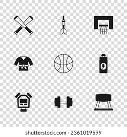 Set Dumbbell, Fitness shaker, Pommel horse, Basketball ball, backboard, Crossed baseball bat, Dart arrow and Kimono icon. Vector