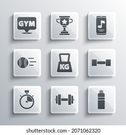 Set Dumbbell, Fitness shaker, Weight, Stopwatch, Tennis ball, Location gym and Music player icon. Vector