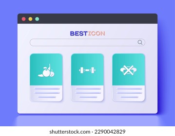 Set Dumbbell, Fruit and No junk food icon. Vector