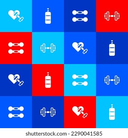 Set Dumbbell with heart, Punching bag,  and  icon. Vector