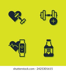 Set Dumbbell with heart, Vitamins, Smart watch and  icon. Vector