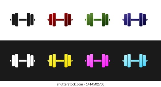 Set Dumbbell icon isolated on black and white background. Muscle lifting icon, fitness barbell, gym icon, sports equipment symbol, exercise bumbbell. Vector Illustration