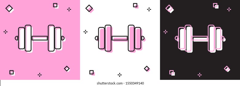 Set Dumbbell icon isolated on pink and white, black background. Muscle lifting icon, fitness barbell, gym icon, sports equipment symbol, exercise bumbbell.  Vector Illustration