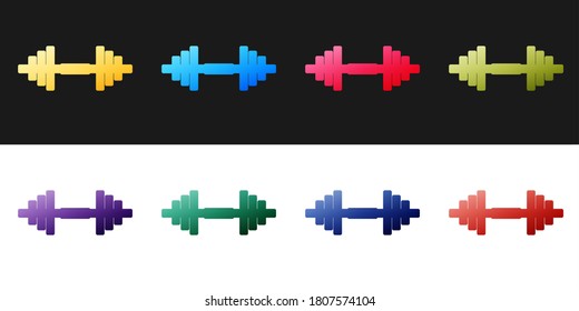 Set Dumbbell icon isolated on black and white background. Muscle lifting icon, fitness barbell, gym icon, sports equipment symbol, exercise bumbbell. Vector.