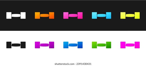Set Dumbbell icon isolated on black and white background. Muscle lifting icon, fitness barbell, gym, sports equipment, exercise bumbbell.  Vector