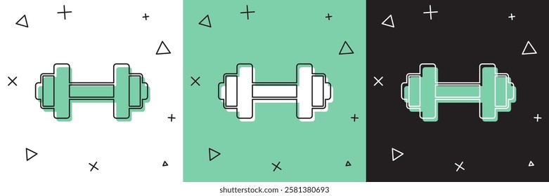 Set Dumbbell icon isolated on white and green, black background. Muscle lifting, fitness barbell, sports equipment.  Vector