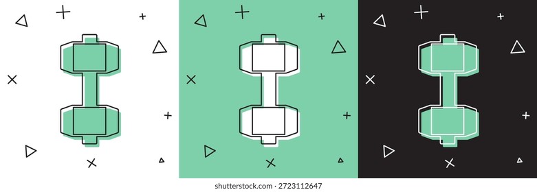 Conjunto icono de mancuerna aislado en blanco y verde, fondo negro. Levantamiento de músculos, barra de fitness, equipo deportivo.  Vector