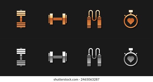 Set Dumbbell, , Jump rope and Heart in the center stopwatch icon. Vector