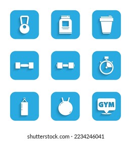 Set Dumbbell, Kettlebell, Location gym, Stopwatch, Punching bag, Fitness shaker and  icon. Vector