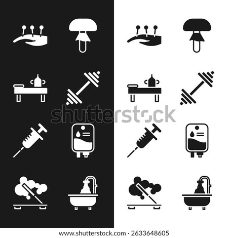 Set Dumbbell, Massage table with oil, Acupuncture therapy, Mushroom, Syringe, IV bag, Bathtub and Scented spa stick icon. Vector