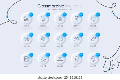Set of Dumbbell, Medical food and Organic tested line icons for web app. Vaccine attention, Cardio bike, Vegetables icons. Mental health, Sunscreen, Medical mask signs. Face biometrics. Vector