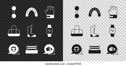 Set Dumbbell, Mouth guard boxer, MMA glove, Boxing helmet, ring, Sport bag and boxing shoes icon. Vector