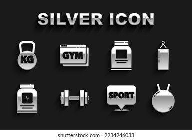 Set Dumbbell, Punching bag, Kettlebell, Location gym, Sports nutrition,  and Online fitness and training icon. Vector