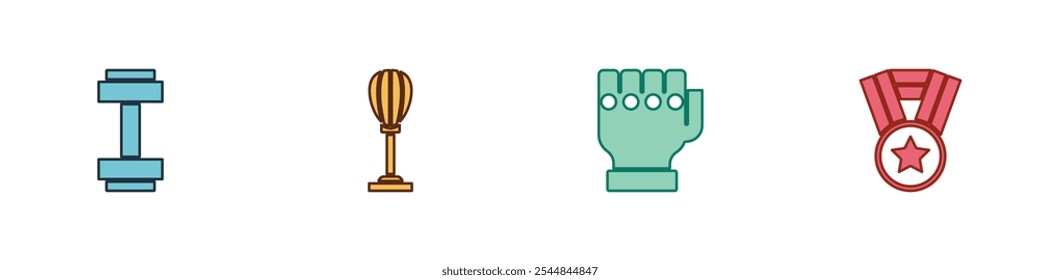 Set Dumbbell, Punching bag, MMA glove and Medal icon. Vector