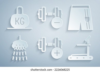 Set Dumbbell, Short or pants, Shower, Treadmill machine, and Weight icon. Vector