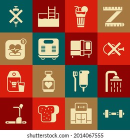 Ponga Dumbbell, Cabeza de ducha, Sin carne, Limpieza fresca, báscula de baño, Móvil con frecuencia cardíaca, jeringa dopaje e icono de cama. Vector
