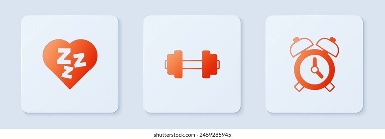 Set Dumbbell, Sleepy and Alarm clock. White square button. Vector