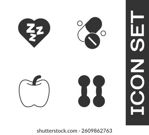 Set Dumbbell, Sleepy, Apple and Vitamin pill icon. Vector