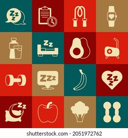 Set Dumbbell, Sleepy, Stationary bicycle, Jump rope, Time to sleep, Bottle of water with glass,  and Avocado fruit icon. Vector