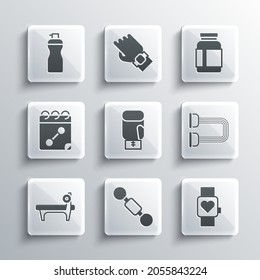 Set Dumbbell, Smart watch, Chest expander, Boxing glove, Bench with barbel, Calendar fitness, Fitness shaker and Sports nutrition icon. Vector