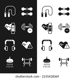 Set Dumbbell, Smart watch with heart, Jump rope, Headphones, Heart rate, Bench barbell and Shower icon. Vector