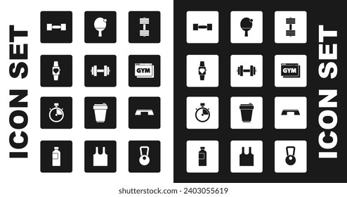 Set Dumbbell, Smartwatch, Online fitness and training, Racket ball, Step platform and Stopwatch icon. Vector