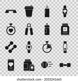 Set Dumbbell, Smartwatch, Sports nutrition, Punching bag, expander, Heart the center stopwatch, Step platform and Fitness shaker icon. Vector