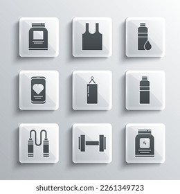 Set Dumbbell, Sports nutrition, Fitness shaker, Punching bag, Jump rope, Mobile with heart rate,  and  icon. Vector