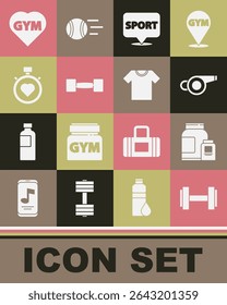 Set Dumbbell, Sports nutrition, Whistle, Location gym, Heart in the center stopwatch, Fitness heart and T-shirt icon. Vector