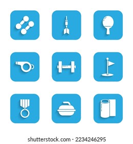 Set Dumbbell, Stone for curling sport game, Fitness mat roll, Golf flag, Medal, Whistle, Racket playing table tennis and  icon. Vector