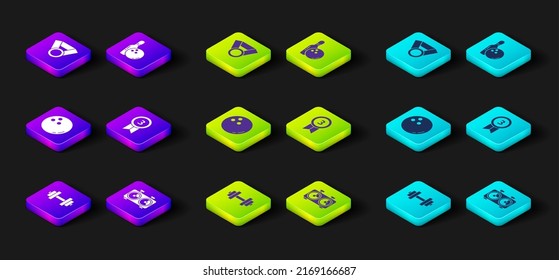 Set Dumbbell, Time chess clock, Bowling ball, Medal, pin and and  icon. Vector