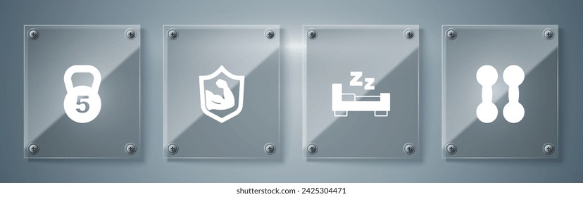 Set Dumbbell, Time to sleep, Bodybuilder muscle and Weight. Square glass panels. Vector